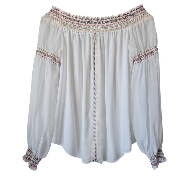 White House Black Market Off-Shoulder Peasant Blouse White Smocked Boho Size L - Picture 7 of 7
